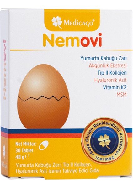 Medicago Nemovi Yumurta Kabuğu Zarı, Tip II , Hyaluronik Asit İçeren Takviye Edici Gıda 30 Kapsül