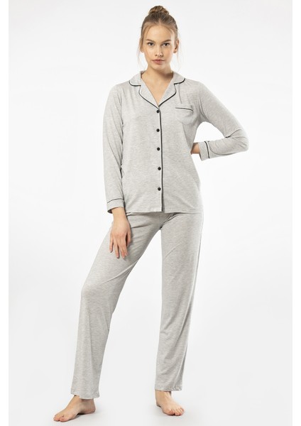 3365 Kadın Uzun Kollu Gömlek Yaka Pijama Takım-Gri fiyatları