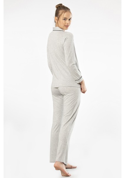 3365 Kadın Uzun Kollu Gömlek Yaka Pijama Takım-Gri fırsatları