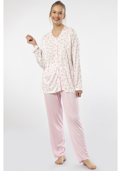 3367 Kadın Büyük Beden Uzun Kollu Pijama Takım-Pembe