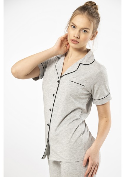 3368 Kadın Kısa Kollu Gömlek Yaka Pijama Takım-Gri fiyatları