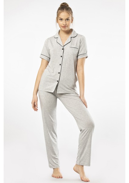 3368 Kadın Kısa Kollu Gömlek Yaka Pijama Takım-Gri modelleri