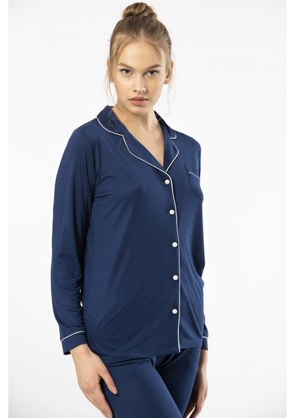 3365 Kadın Uzun Kollu Gömlek Yaka Pijama Takım-Lacivert