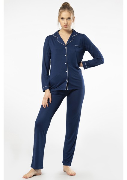 3365 Kadın Uzun Kollu Gömlek Yaka Pijama Takım-Lacivert fiyatları