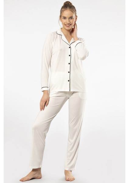 3365 Kadın Uzun Kollu Gömlek Yaka Pijama Takım-Ekru fiyatları