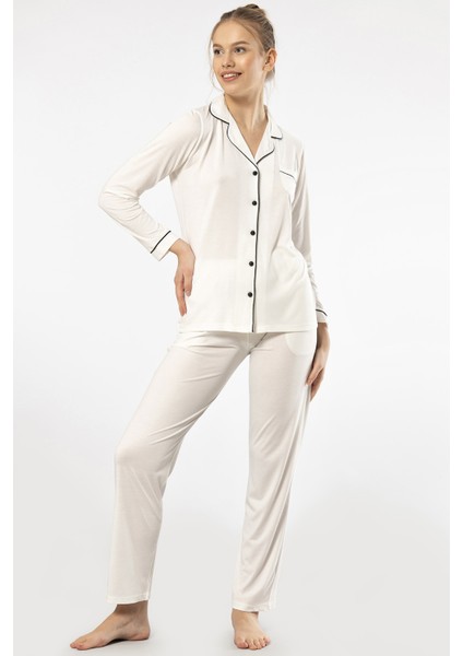 3365 Kadın Uzun Kollu Gömlek Yaka Pijama Takım-Ekru modelleri