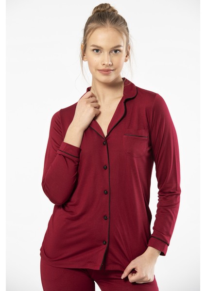 3365 Kadın Uzun Kollu Gömlek Yaka Pijama Takım-Bordo