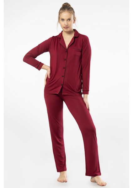 3365 Kadın Uzun Kollu Gömlek Yaka Pijama Takım-Bordo fiyatları