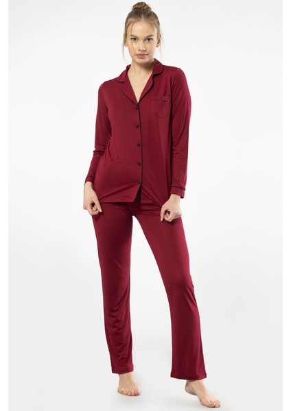 3365 Kadın Uzun Kollu Gömlek Yaka Pijama Takım-Bordo modelleri