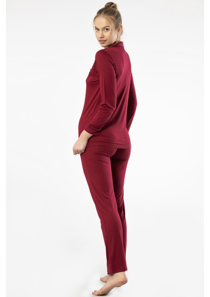 3365 Kadın Uzun Kollu Gömlek Yaka Pijama Takım-Bordo indirimleri