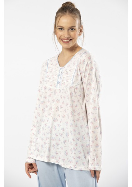 3366 Kadın Büyük Beden Uzun Kollu Pijama Takım-Mavi