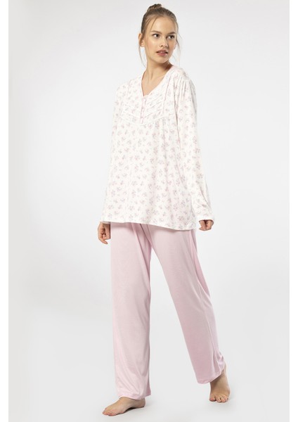 3366 Kadın Büyük Beden Uzun Kollu Pijama Takım-Pembe fiyatları
