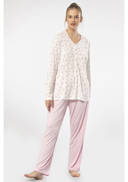 3366 Kadın Büyük Beden Uzun Kollu Pijama Takım-Pembe modelleri