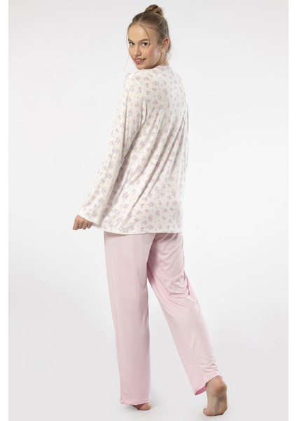 3366 Kadın Büyük Beden Uzun Kollu Pijama Takım-Pembe indirimleri