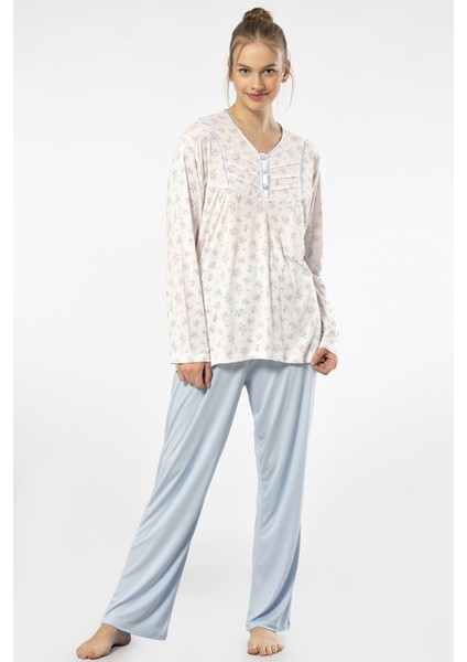 3366 Kadın Büyük Beden Uzun Kollu Pijama Takım-Mavi fiyatları