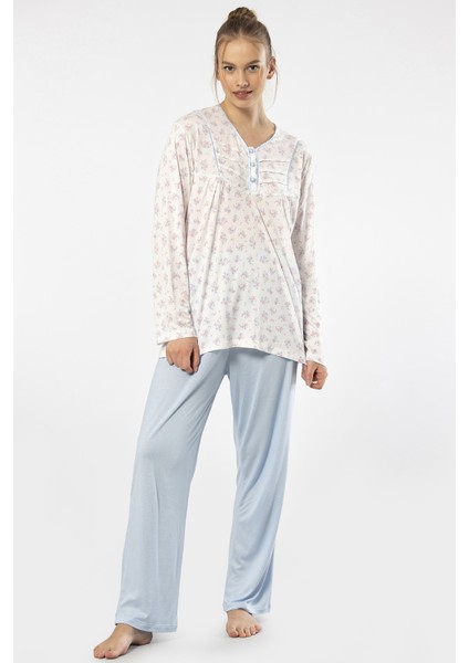 3366 Kadın Büyük Beden Uzun Kollu Pijama Takım-Mavi fırsatları