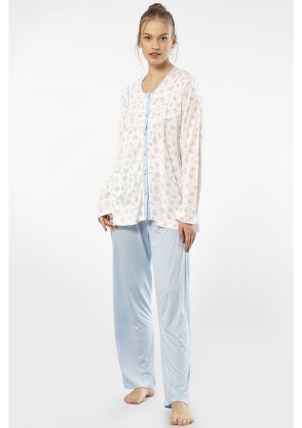 3367 Kadın Büyük Beden Uzun Kollu Pijama Takım-Mavi modelleri