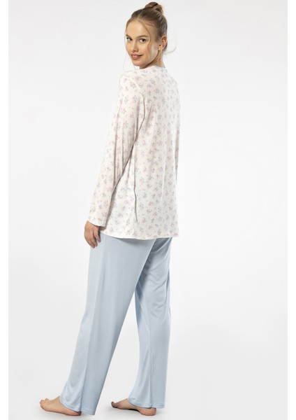 3367 Kadın Büyük Beden Uzun Kollu Pijama Takım-Mavi indirimleri