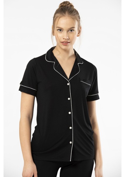 3368 Kadın Kısa Kollu Gömlek Yaka Pijama Takım-Siyah