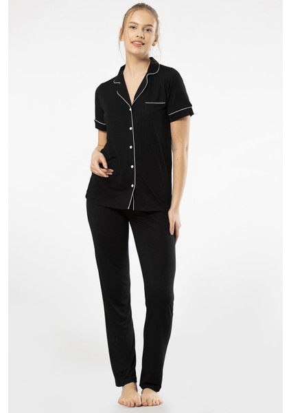 3368 Kadın Kısa Kollu Gömlek Yaka Pijama Takım-Siyah fiyatları