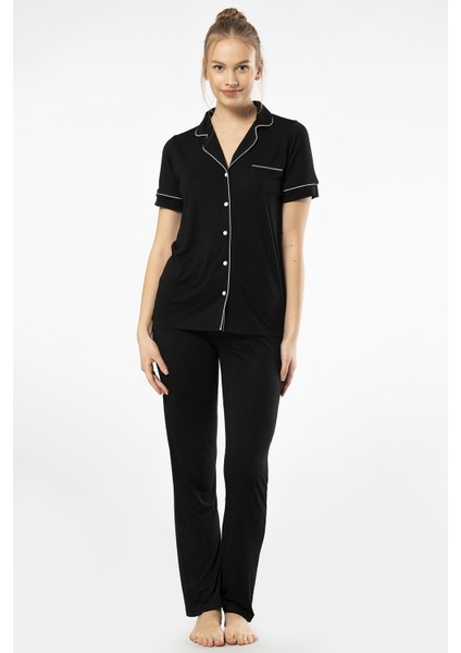 3368 Kadın Kısa Kollu Gömlek Yaka Pijama Takım-Siyah modelleri