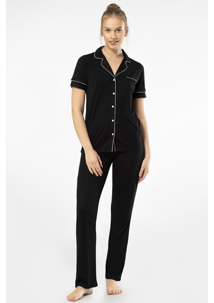 3368 Kadın Kısa Kollu Gömlek Yaka Pijama Takım-Siyah fırsatları