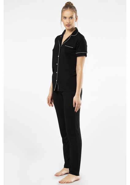 3368 Kadın Kısa Kollu Gömlek Yaka Pijama Takım-Siyah indirimleri