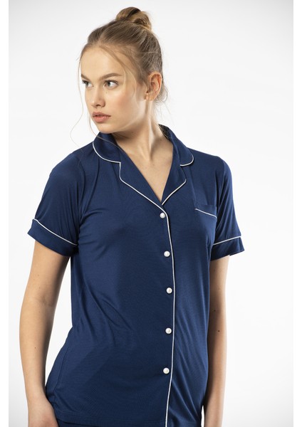 3368 Kadın Kısa Kollu Gömlek Yaka Pijama Takım-Lacivert