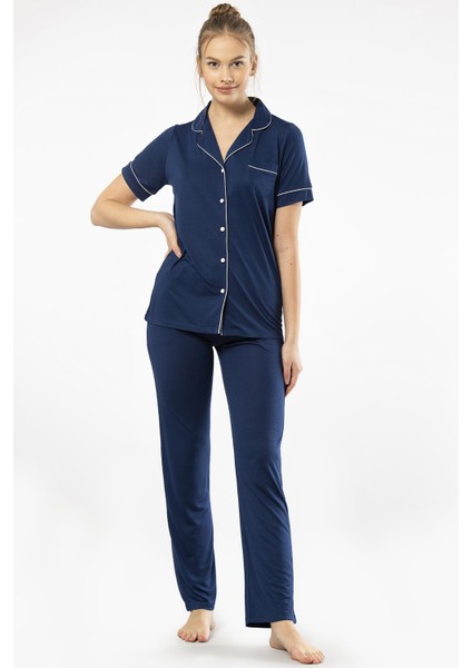 3368 Kadın Kısa Kollu Gömlek Yaka Pijama Takım-Lacivert fiyatları