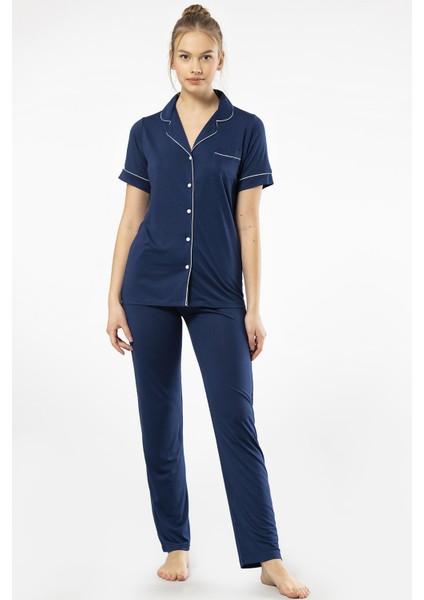3368 Kadın Kısa Kollu Gömlek Yaka Pijama Takım-Lacivert modelleri