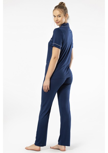 3368 Kadın Kısa Kollu Gömlek Yaka Pijama Takım-Lacivert fırsatları