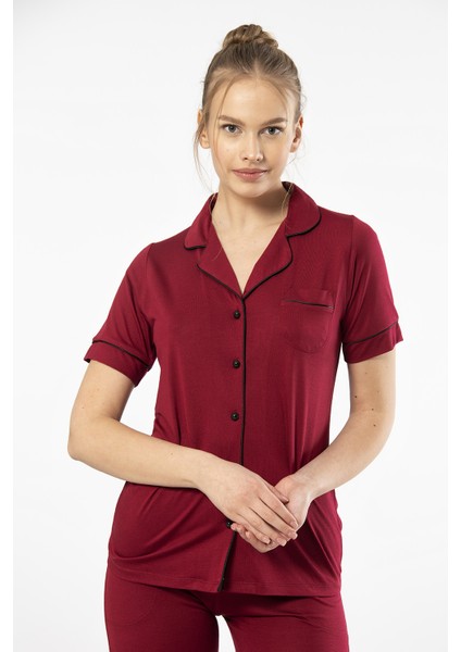 3368 Kadın Kısa Kollu Gömlek Yaka Pijama Takım-Bordo