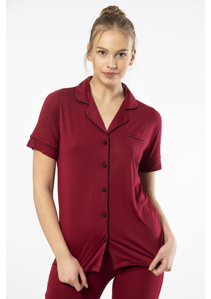 3368 Kadın Kısa Kollu Gömlek Yaka Pijama Takım-Bordo fiyatları
