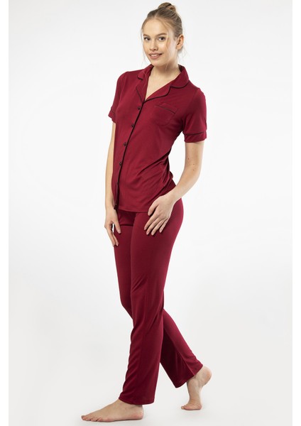 3368 Kadın Kısa Kollu Gömlek Yaka Pijama Takım-Bordo modelleri