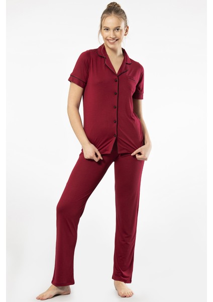 3368 Kadın Kısa Kollu Gömlek Yaka Pijama Takım-Bordo fırsatları