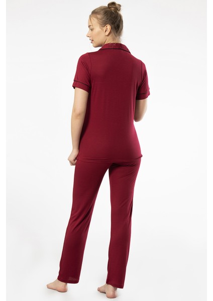 3368 Kadın Kısa Kollu Gömlek Yaka Pijama Takım-Bordo indirimleri