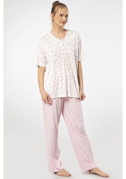 3369 Kadın Büyük Beden Kısa Kollu Pijama Takım-Pembe fırsatları
