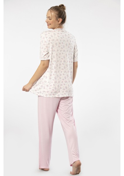 3369 Kadın Büyük Beden Kısa Kollu Pijama Takım-Pembe indirimleri