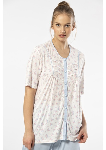 3370 Kadın Büyük Beden Kısa Kollu Pijama Takım-Mavi