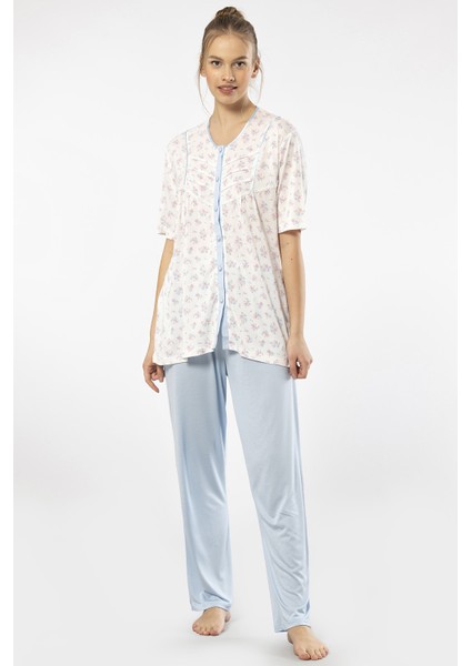 3370 Kadın Büyük Beden Kısa Kollu Pijama Takım-Mavi fiyatları