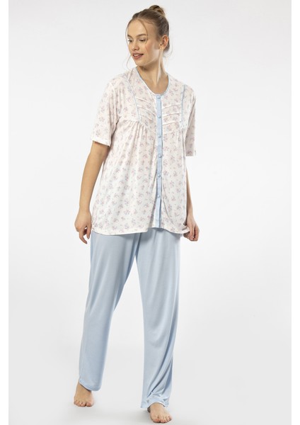 3370 Kadın Büyük Beden Kısa Kollu Pijama Takım-Mavi modelleri