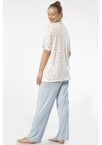 3370 Kadın Büyük Beden Kısa Kollu Pijama Takım-Mavi fırsatları