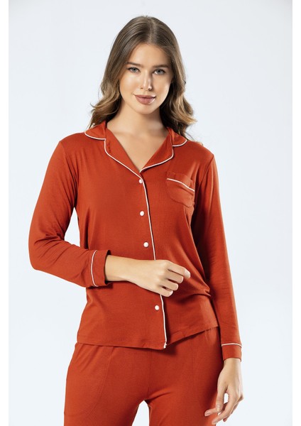 3359 Kadın Uzun Kollu Gömlek Yaka Pijama Takım-Kiremit modelleri