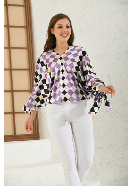 Kol Bağcıklı Desenli Saten Bluz -3028-1451