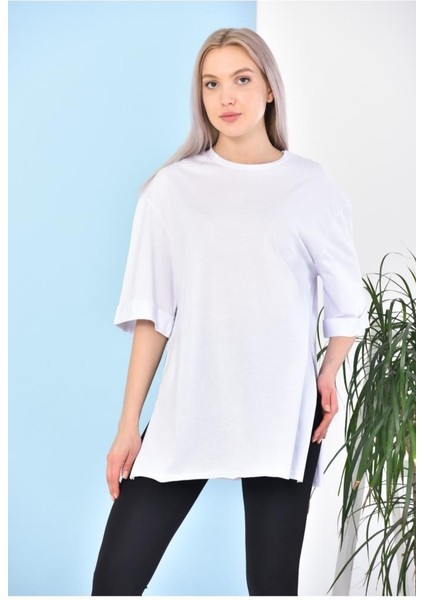 ST000628 %100 Pamuk Bisiklet Yaka Boyfriend Örme T-Shirt