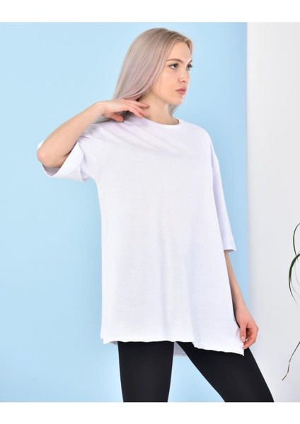 ST000628 %100 Pamuk Bisiklet Yaka Boyfriend Örme T-Shirt