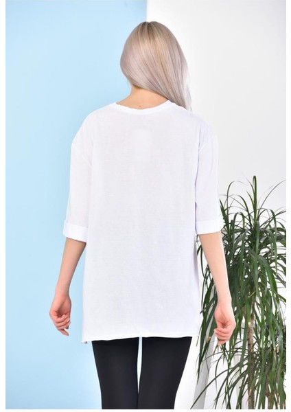 ST000628 %100 Pamuk Bisiklet Yaka Boyfriend Örme T-Shirt