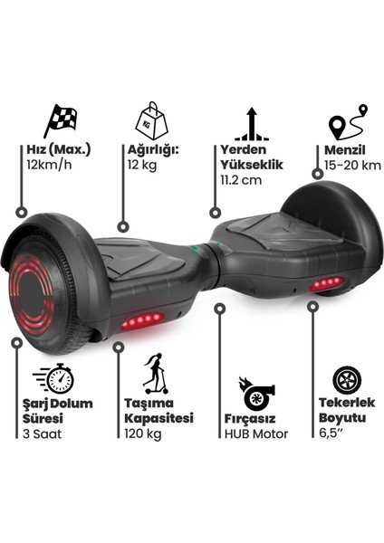 Knight 6.5 Inch Işıklı Akıllı Dengeli Elektrikli Kaykay Hoverboard Taşıma Çantalı Siyah