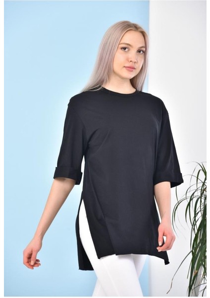 ST000628 %100 Pamuk Bisiklet Yaka Boyfriend Örme T-Shirt