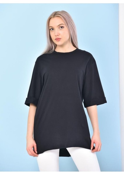 ST000628 %100 Pamuk Bisiklet Yaka Boyfriend Örme T-Shirt